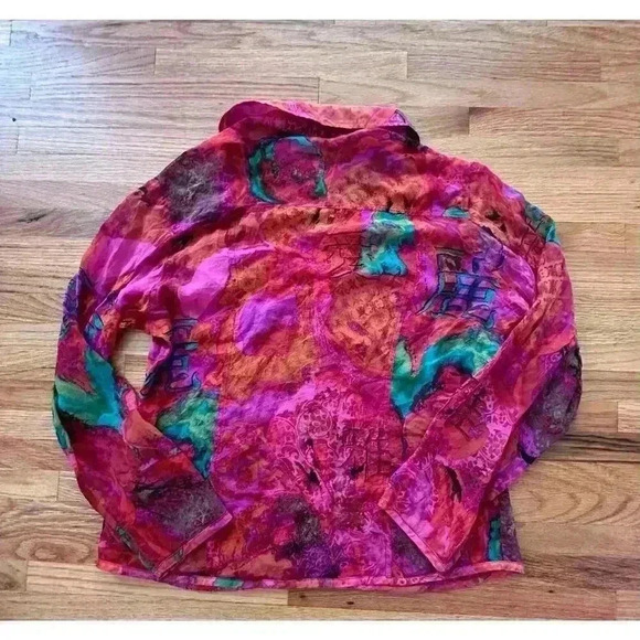 Colorful 100% Silk Button Down Sheer Blouse hippie boho flowy feminine SIZE 1/M - Picture 3 of 7